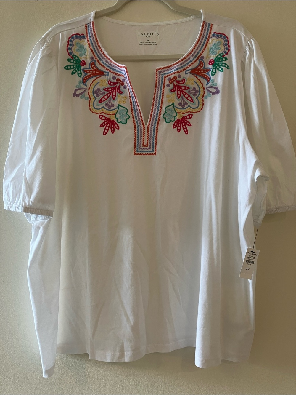 Talbots White V-Neck Tunic with Multicolor Embroidery Sz 3X- NWT